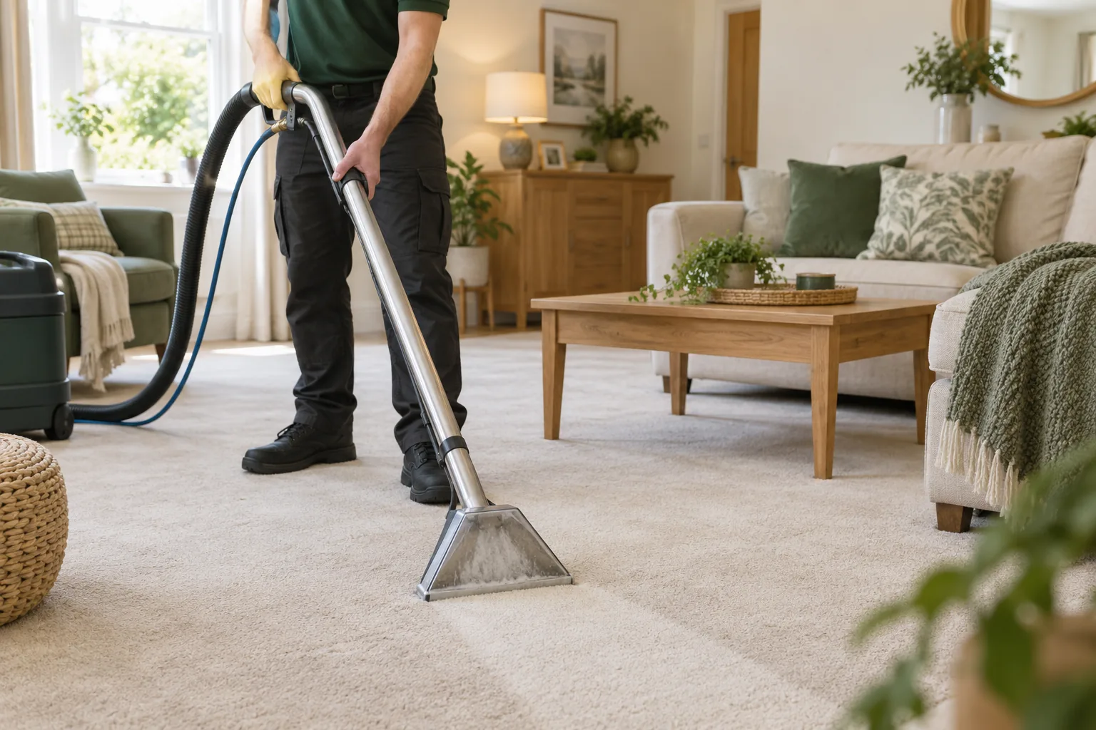 Professional carpet extraction cleaning in a bright living room