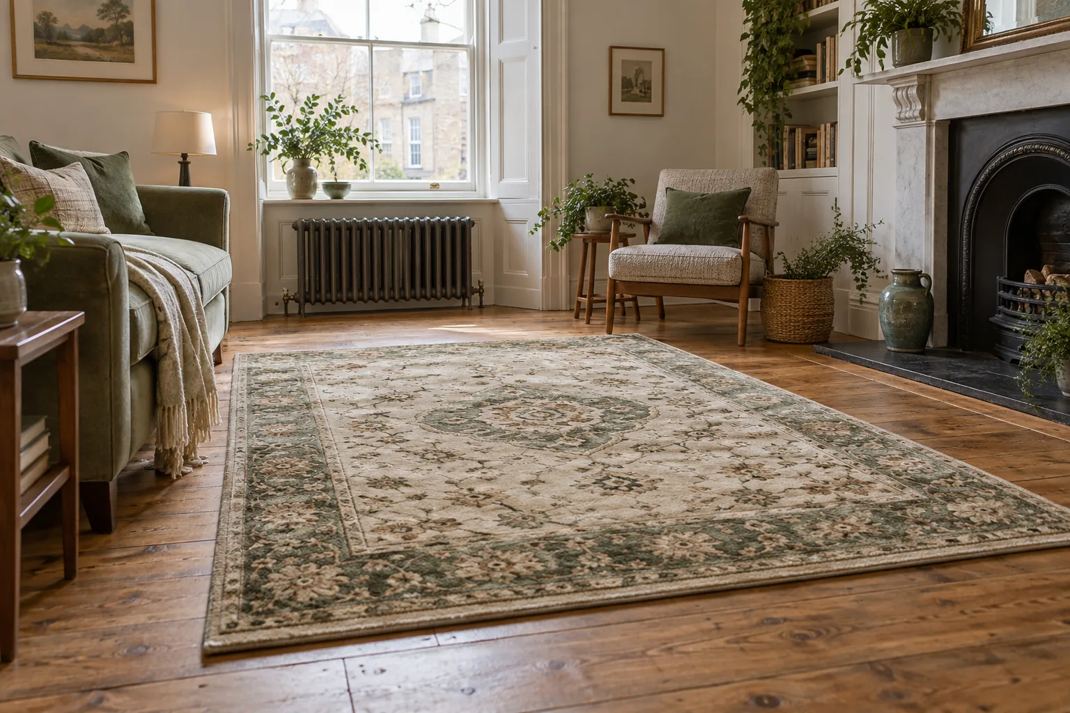 A freshly cleaned patterned rug in a bright home interior