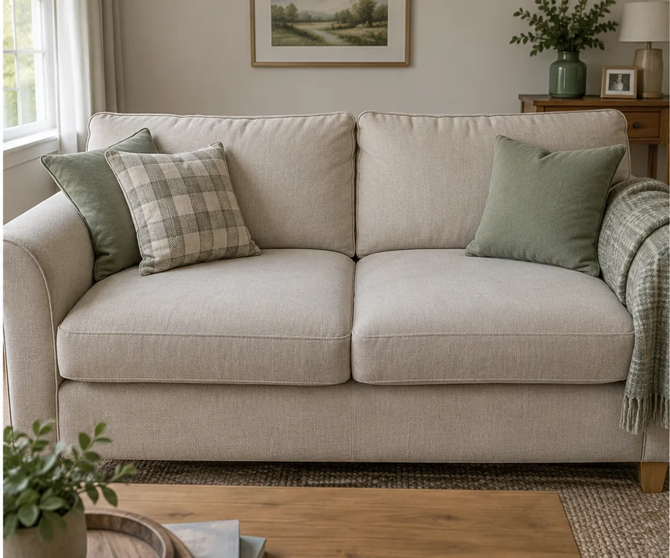 Illustrative example of a refreshed oatmeal fabric sofa