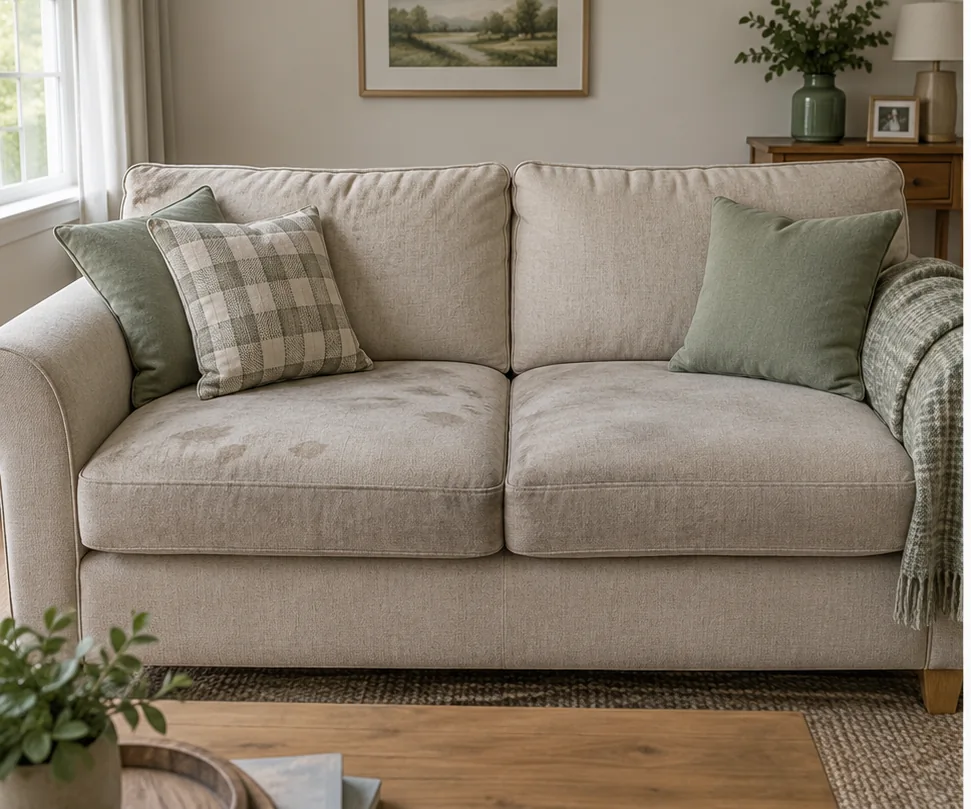 The same illustrative sofa with everyday marks before cleaning