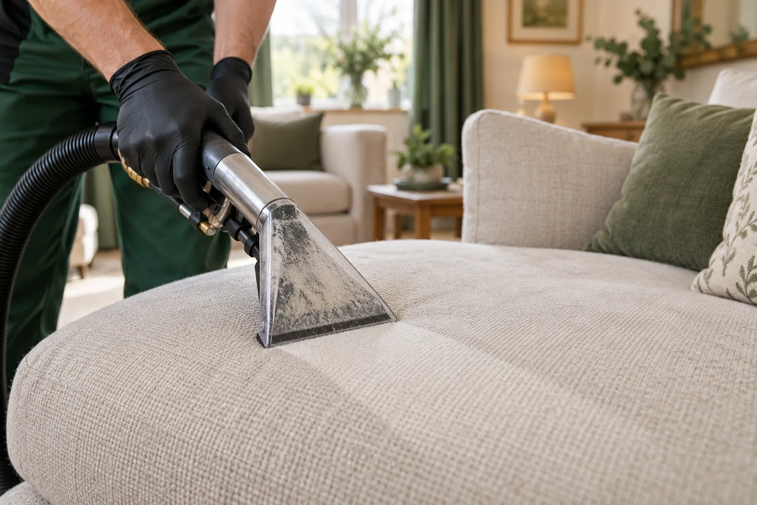 An upholstery extraction tool cleaning a light fabric sofa